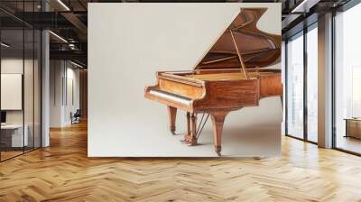  grand piano with its lid open, showcasing the keys and interior mechanism, against a clean Wall mural