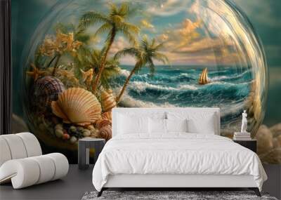 A bright summer scene inside a clear glass bowl, featuring a sunlit beach with ocean waves, seashells Wall mural