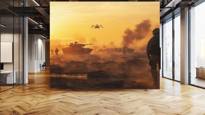 a modern battlefield with tanks, drones, and soldiers in combat gear. Wall mural