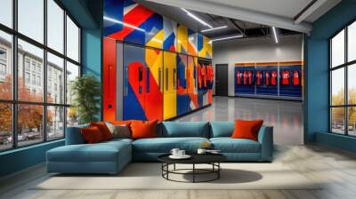 A vibrant locker room for a sports team, with lockers painted in bold team colors, jerseys hanging inside, and an energetic Wall mural