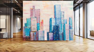 Abstract painting of urban skyscrapers. Wall mural