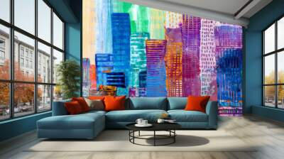 Abstract painting of urban skyscrapers. Wall mural