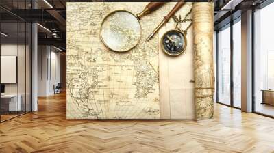 An  brass compass on a old map background Wall mural