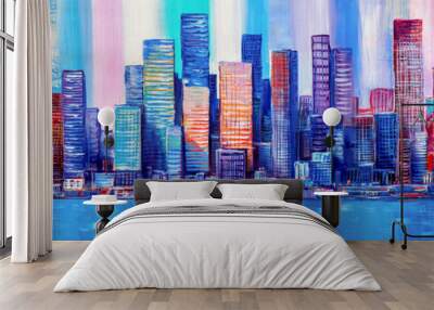 Artistic painting of skyscrapers.Abstract style. Cityscape panorama.. Wall mural