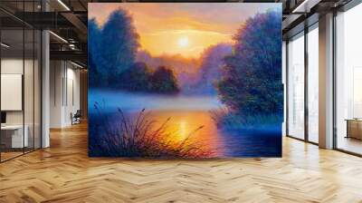 Morning landscape with tree and river. Oil painting forest landscape. Wall mural