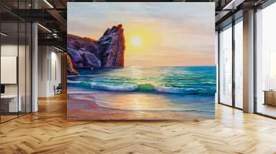 Sunset on the sea, painting by oil on canvas. Wall mural