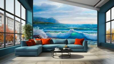 Sunset on the sea, painting by oil on canvas. Wall mural