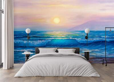 Sunset over sea, painting by oil on canvas. Wall mural