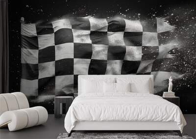 Checkered flag finish auto race fluttering in the wind. Black and white flag on a black background with glare effect Wall mural