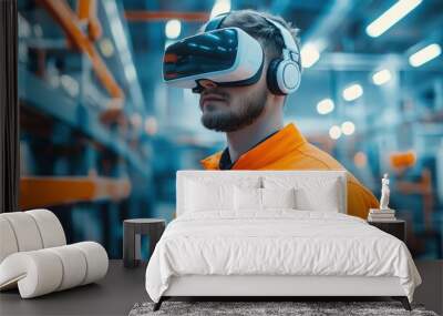 Close-up of a worker wearing a virtual reality headset in a modern factory Wall mural