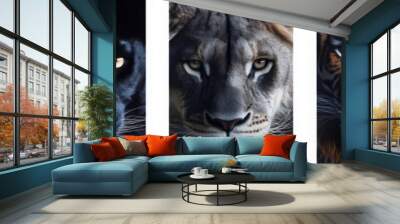 Five different animal faces side by side: a black panther on the left, a lion in the middle, and a tiger on the right, all set against a white background Wall mural