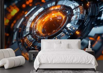 futuristic time machine, digital background with orange lights and metallic elements Wall mural