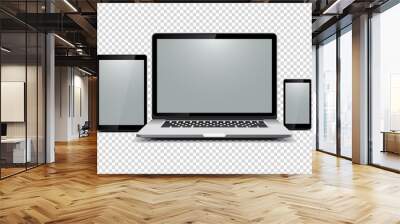 Black laptop, tablet, phone on transparent background Wall mural