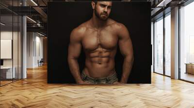 Fitness male model standing on dark background Wall mural