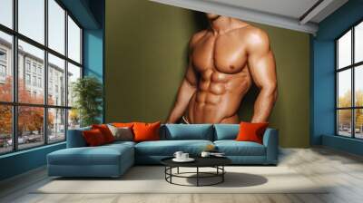 Handsome guy in swimwear posing in studio. Sexy man with six pack abs standing on green background. Shirtless male model in underwear. Wall mural