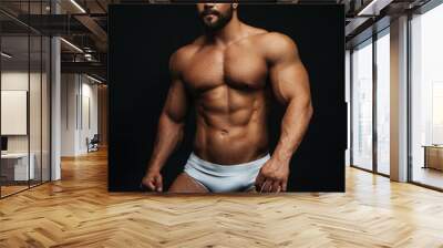 Latino hunk in white swimwear at black background in studio Wall mural