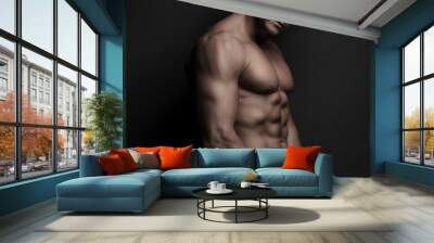 Muscular sexy man at dark background. Sportsman in pants. Male model with six pack abs in studio. Handsome guy. Wall mural