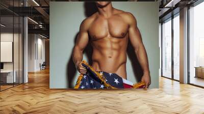 Naked man with American flag Wall mural