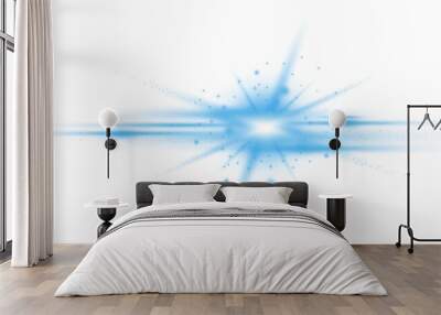 Shining blue stars rays of light and glowing streaks. Wall mural