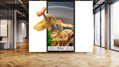 Order and deliver food online. Eat from your smartphone. Gadget on white background Wall mural