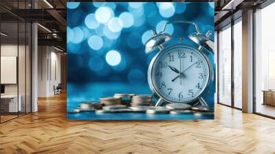 Vintage silver clock and coins on a blue background with a bokeh effect, representing the concept that time is money.  Wall mural