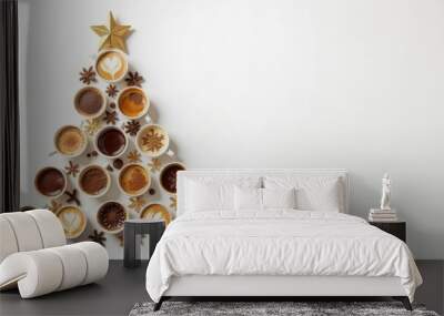  creative unusual Christmas tree made of coffee cups on white festive decorated background with lights - coffee decorations, holiday season festive ambiance, coffee shop, cafe. Wall mural