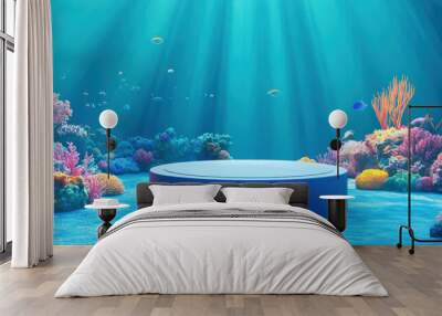 3D podium in an underwater world surrounded by coral reefs Wall mural