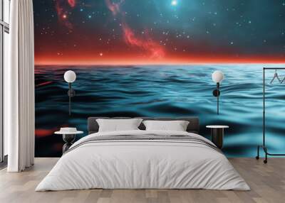 A beautiful blue ocean with a red and orange sky in the background Wall mural