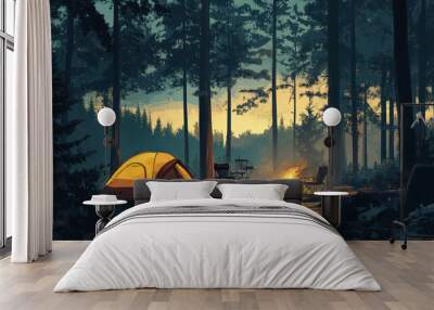 A campsite with a yellow tent and two chairs Wall mural