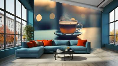 A cup of tea sits on a saucer on a table Wall mural