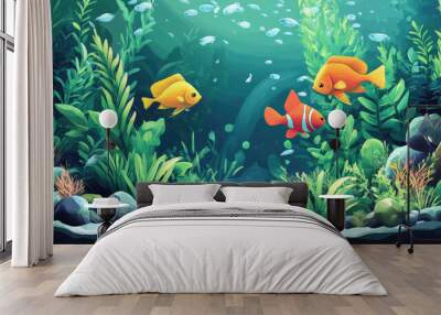 A fish tank with a variety of fish swimming around Wall mural