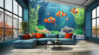 A fish tank with a variety of fish swimming around Wall mural