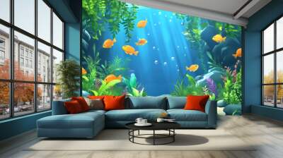 A fish tank with a variety of fish swimming around Wall mural