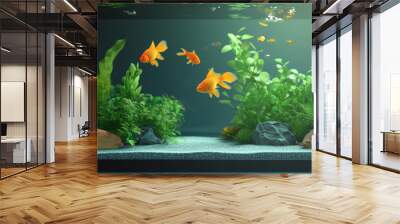 A fish tank with two goldfish swimming in the middle Wall mural