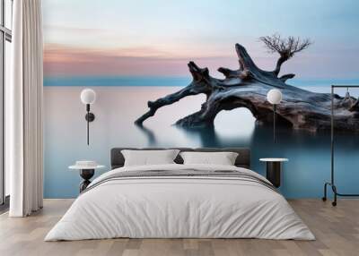 A large tree stump sits in the middle of a calm body of water Wall mural