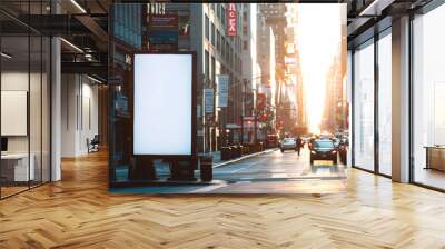 A large white billboard sits on a city street, surrounded by tall buildings Wall mural