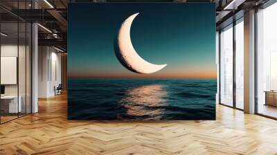 A large white moon is floating in the sky above a calm ocean Wall mural