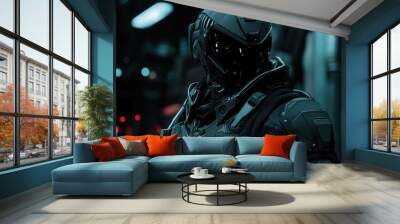 A man in a black suit with a helmet on his head Wall mural