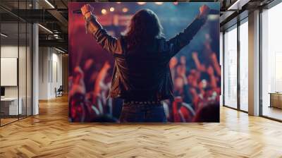 a man in a leather jacket with his arms up in the air Wall mural