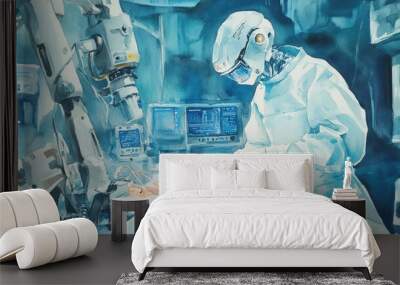 A man in a white lab coat is operating on a patient Wall mural