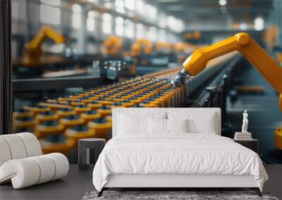 A robot is working on a conveyor belt with many orange objects Wall mural