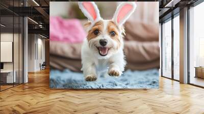 A small dog with bunny ears is running across a blue carpet Wall mural