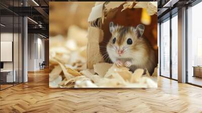 A small hamster is sitting in a cardboard box Wall mural