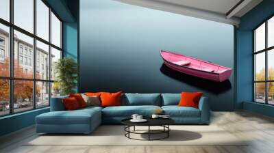 A small pink boat is floating on a dark blue body of water Wall mural