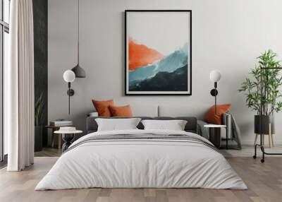 A white couch with orange pillows sits in front of a large framed painting Wall mural