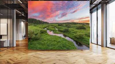 A winding river flows through a verdant meadow, bathed in the golden light of a beautiful sunset. The sky is ablaze with vibrant hues of orange, pink, and purple. Wall mural