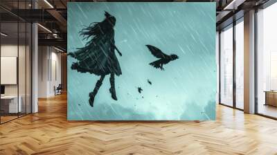 A woman is flying in the rain with a bird Wall mural