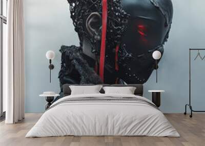 A woman with a black mask on her face and red spikes on her head Wall mural