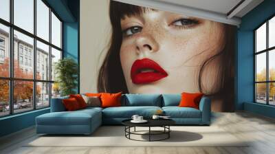 A woman with red lipstick and green eyes Wall mural