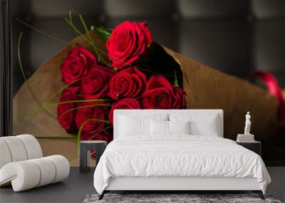 Bouquet of red roses on black background Wall mural